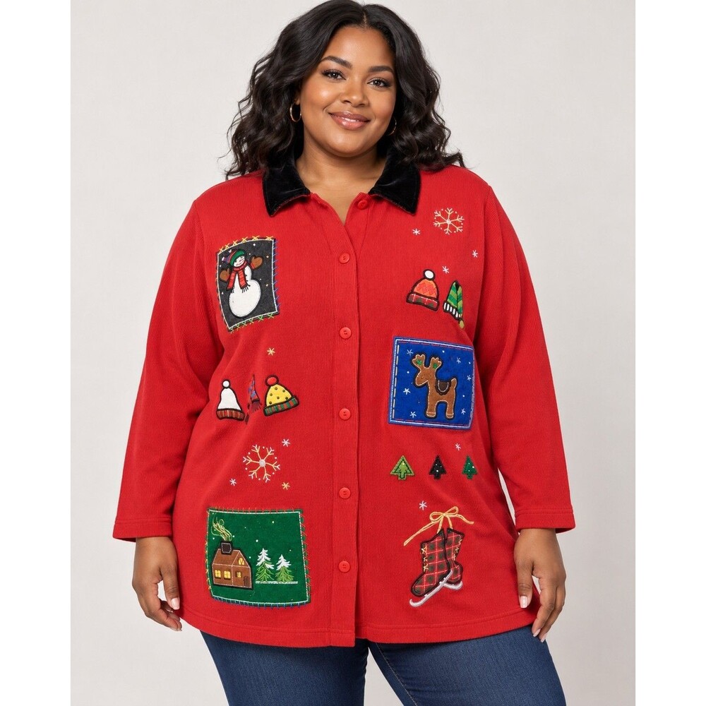 Vintage Christmas Cardigan Sweater XL Planet & Company Embroidered Applique Red